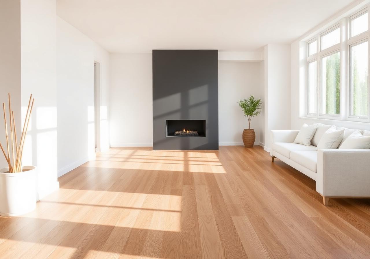 Bright modern living room with warm oak-look vinyl flooring